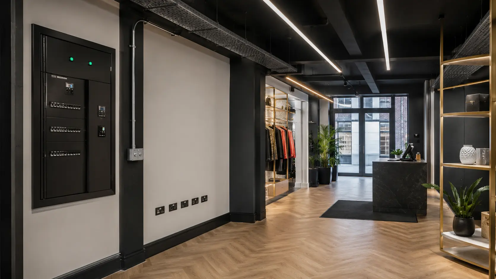 Modern commercial premises with professional lighting and electrical distribution
